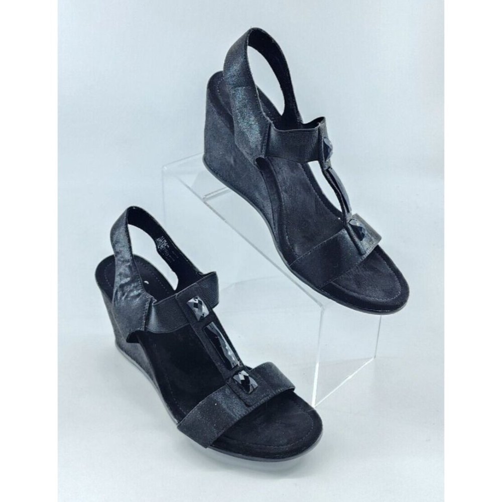 St John's Bay Women's Flex Form Black Jeweled Sling Back Wedge Sandals Size 11M